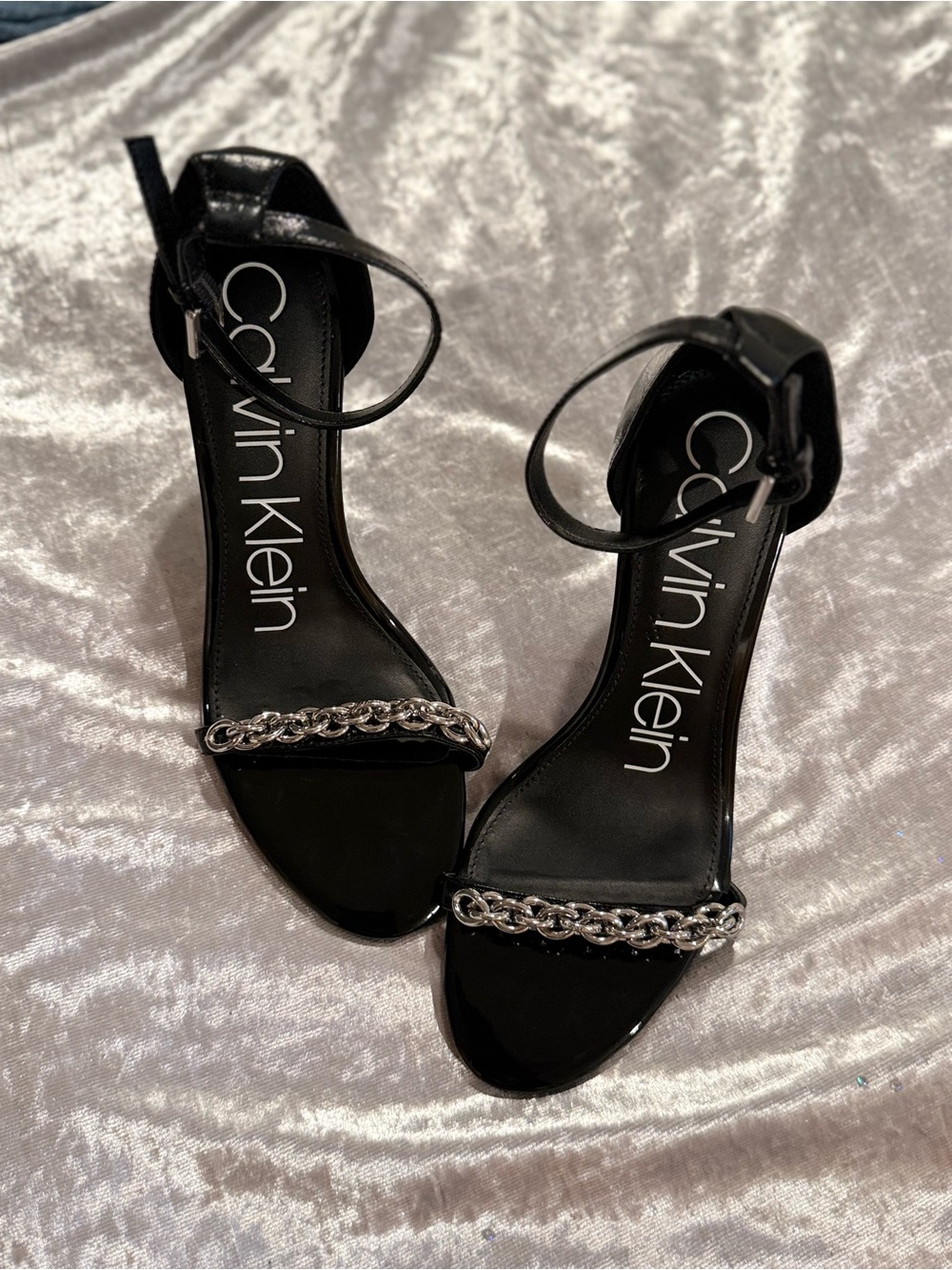 Calvin Klein Black Patent Ankle-Strap Heels with Silver Chain 71/2 NWOT